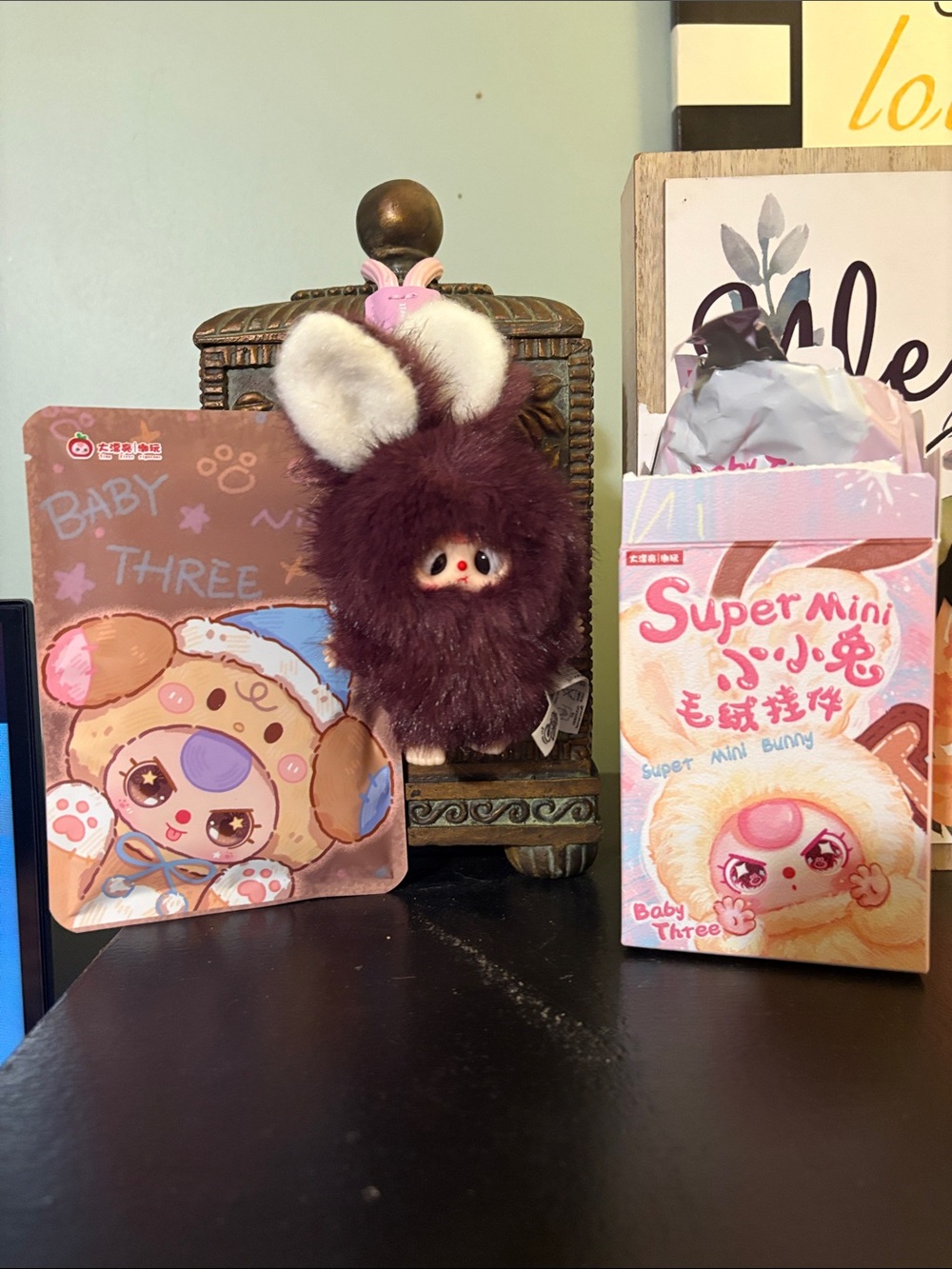 Adorable Baby Three Plush Bunny Keychain Burgundy FurIncludes Sanitary Wipes